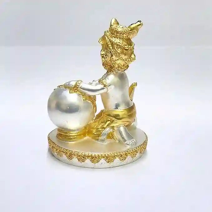 back view of Makhan Krishna idol with butter pot and gold-silver matte finish – 4 inch decorative murti