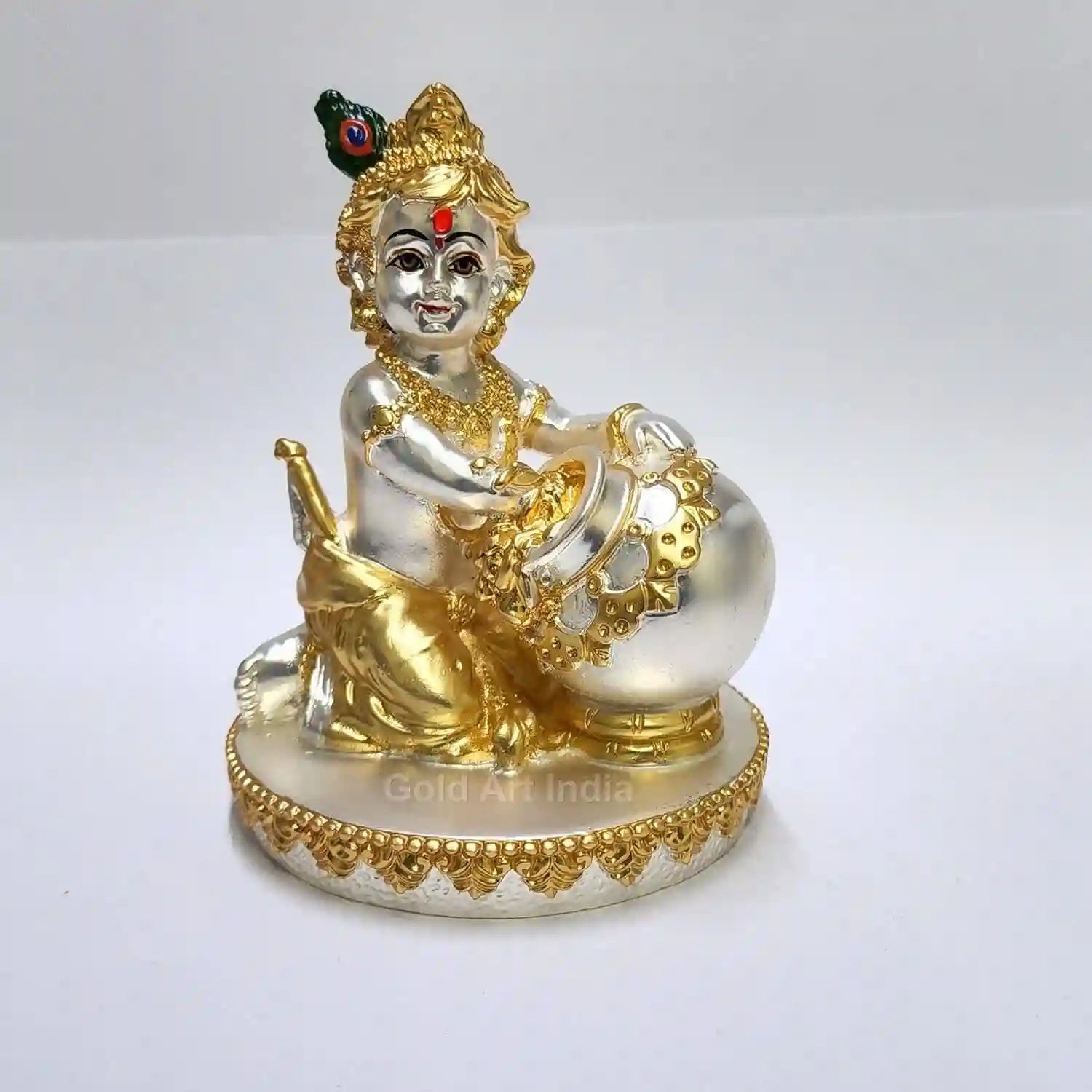 Makhan Krishna idol 4 inch – silver-plated with gold detailing seated on round base