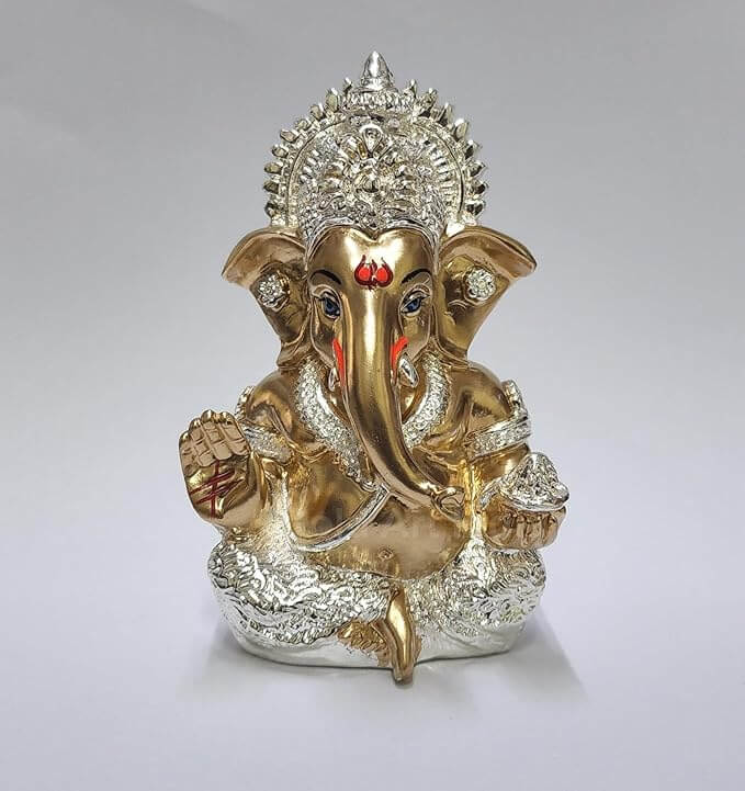 Silver Plated Antique Gold Ganesha Idol – 3.5 Inch Ganpati for Car Dashboard & Home by Gold Art India