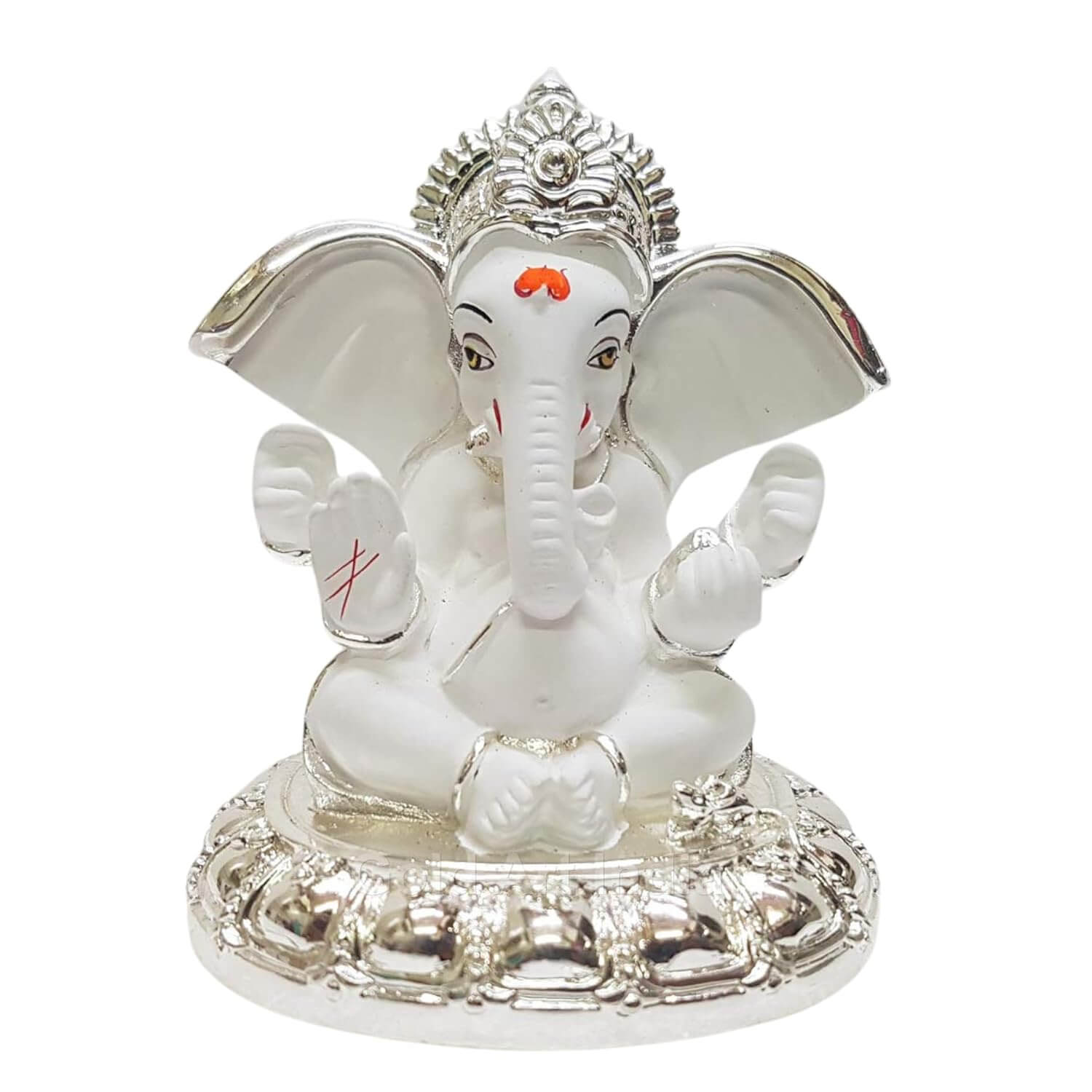 Beautifully crafted Silver Plated Big Ear Ganesha Idol with a white terracotta finish white backgraund