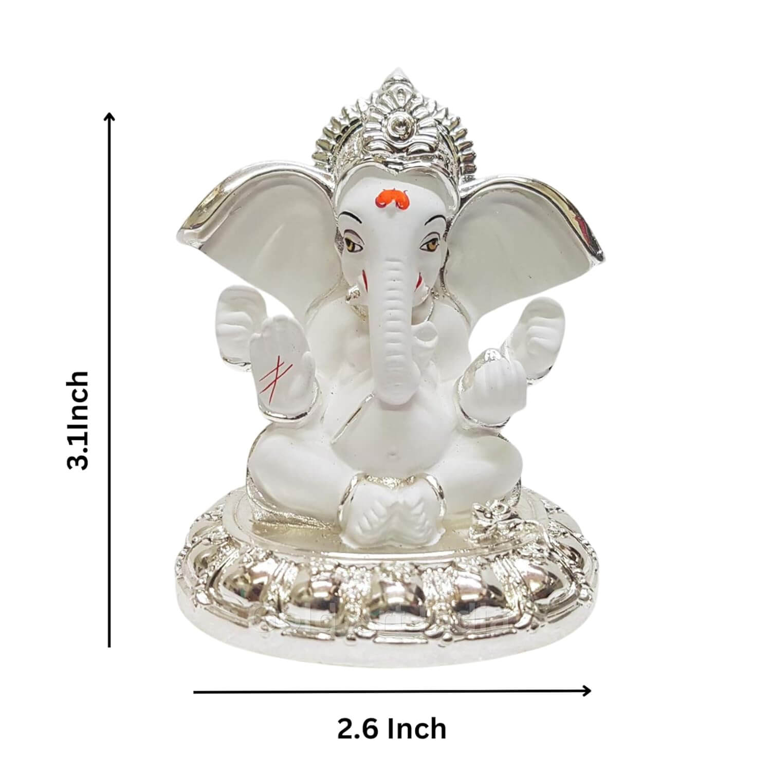 Beautifully crafted Silver Plated Big Ear Ganesha Idol with a white terracotta finish, standing 3.1 inches tall and 2.6 inches wide