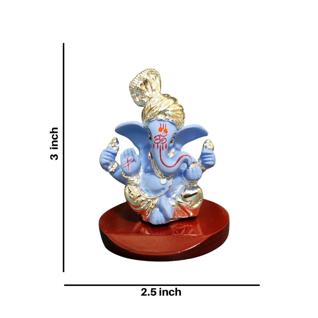 Silver Plated Blue Pagadi Ganesha Idol – 3 inch handcrafted murti with MDF base, perfect for car dashboards, pooja rooms, and gifting.