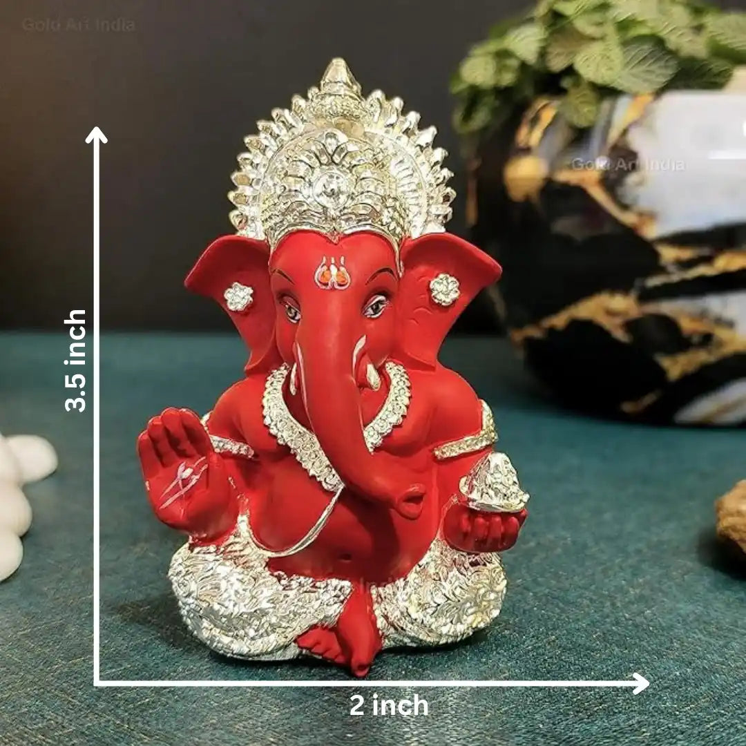 Silver Plated Mukut Ganesh idol with Red Terracotta color size Hx3 Wx2 inch