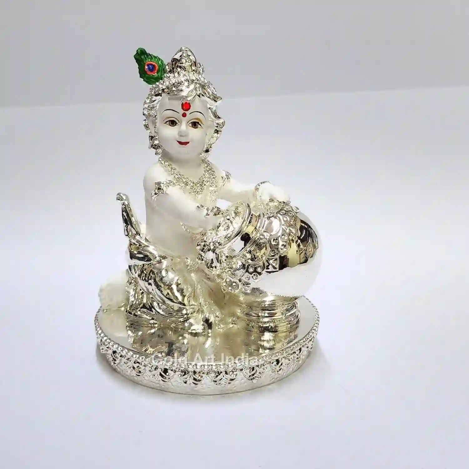 Silver-Plated Makhan Krishna Idol in White Terracotta Finish – 4 Inch Sitting with Butter Pot