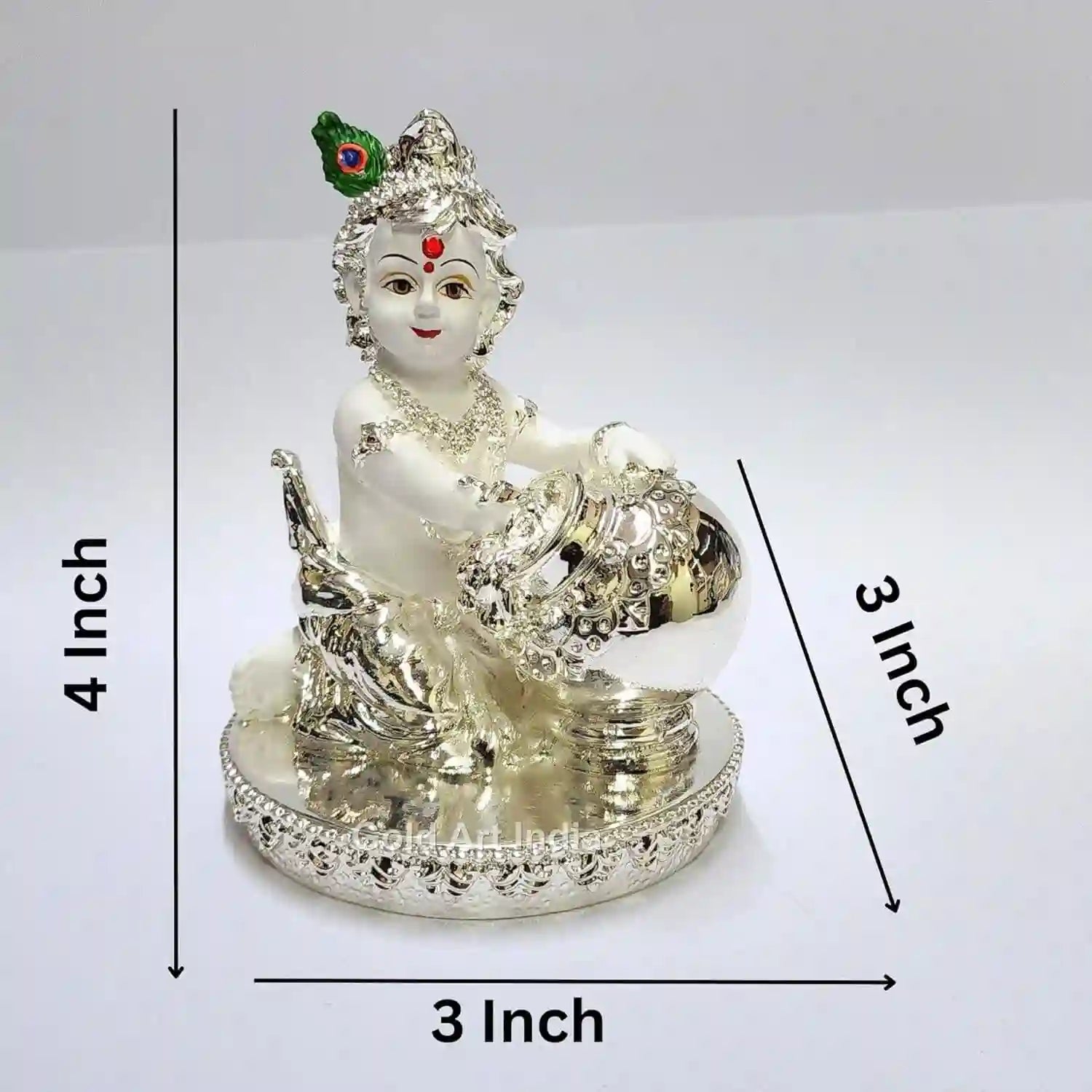 Silver plated white color makhan krishna idol sitting with a butter pot size 4x3 inch