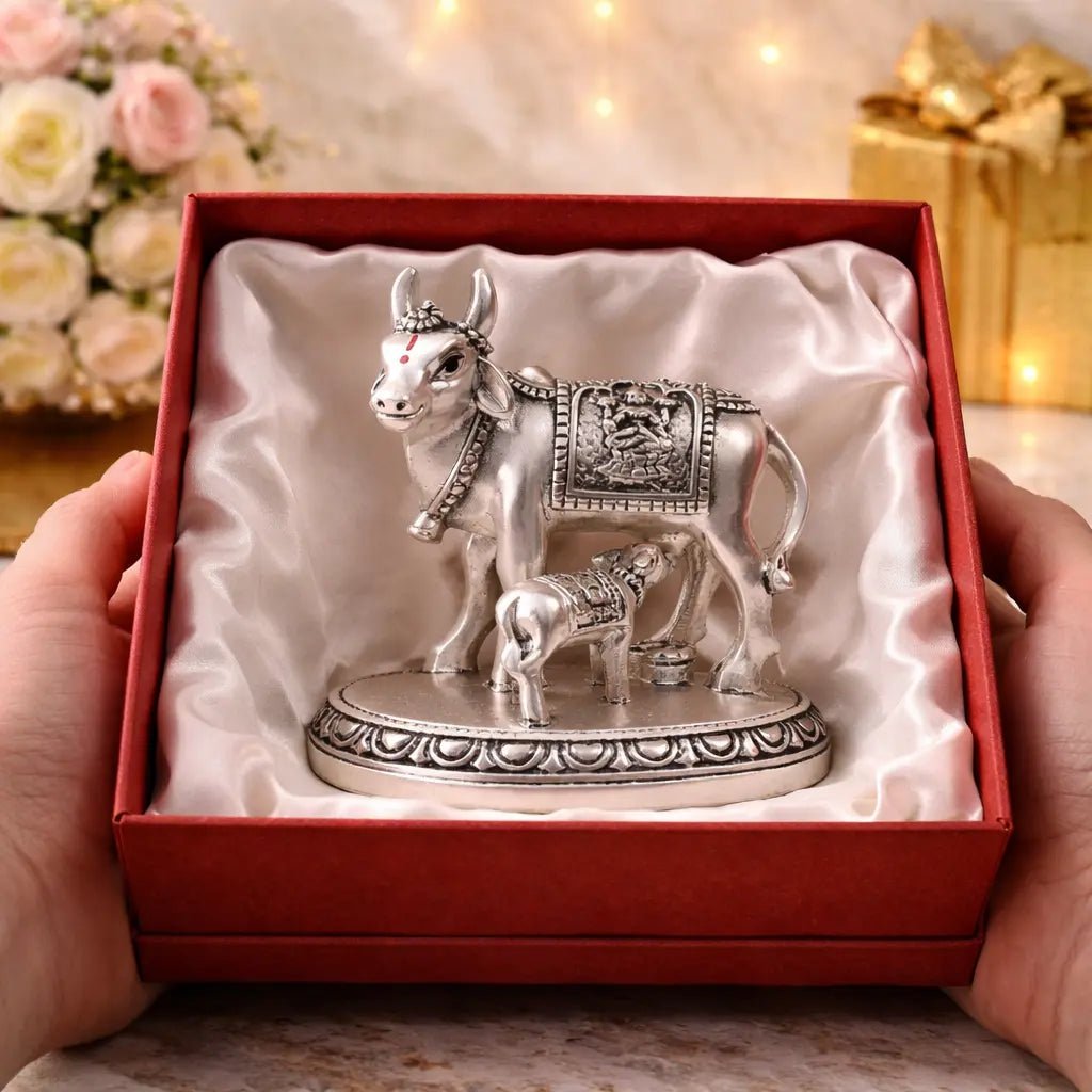 Kamdhenu cow and calf idol – silver matte finish, gift display – Gold Art India