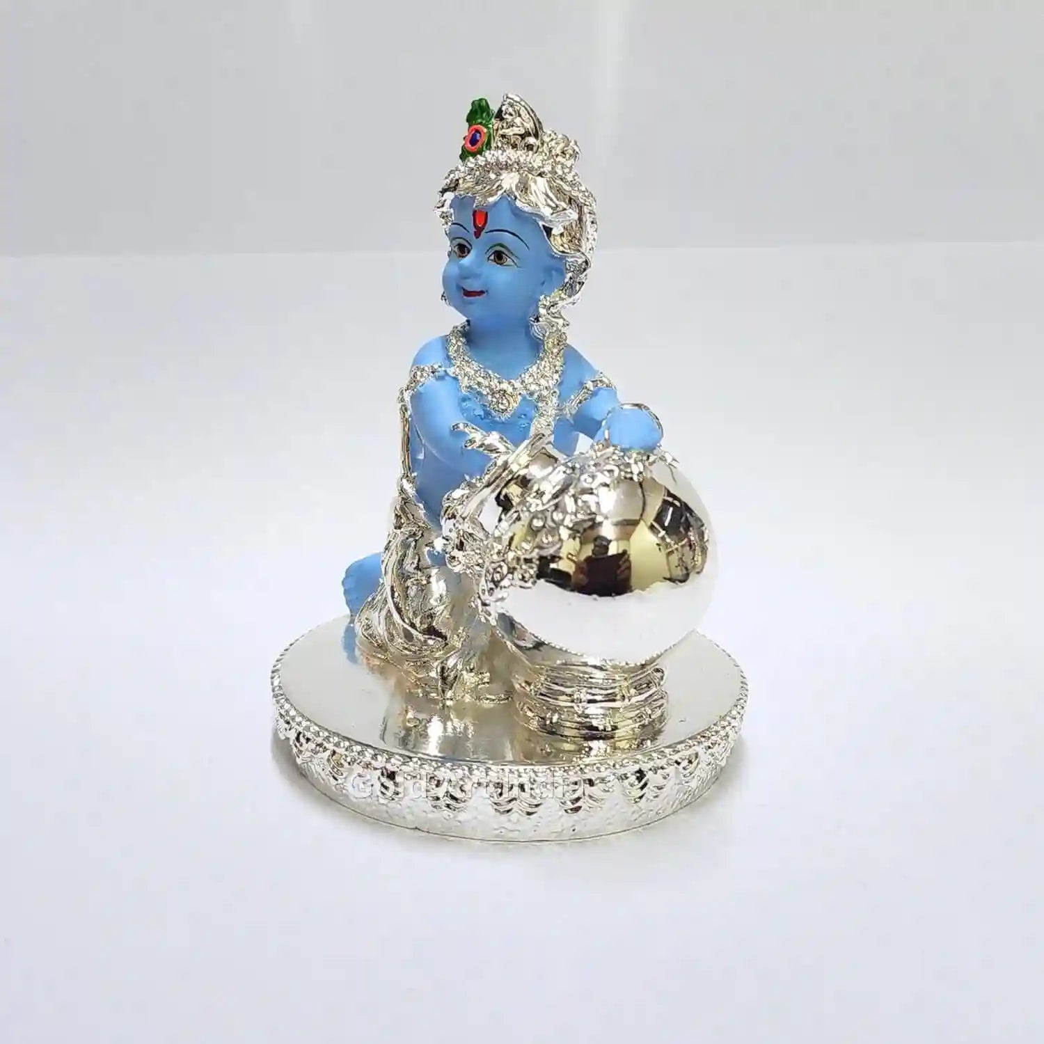 Silver plated blue terracotta Makhan Krishna idol 4 inch – front view