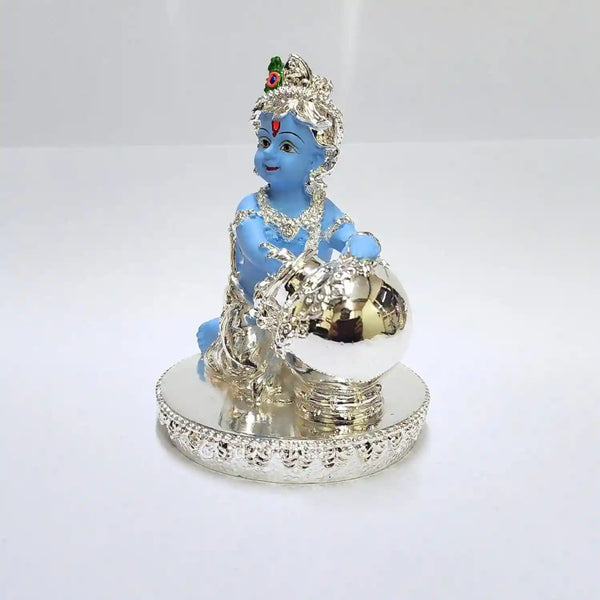 4-Inch Silver-Plated Blue Terracotta Makhan Krishna Idol