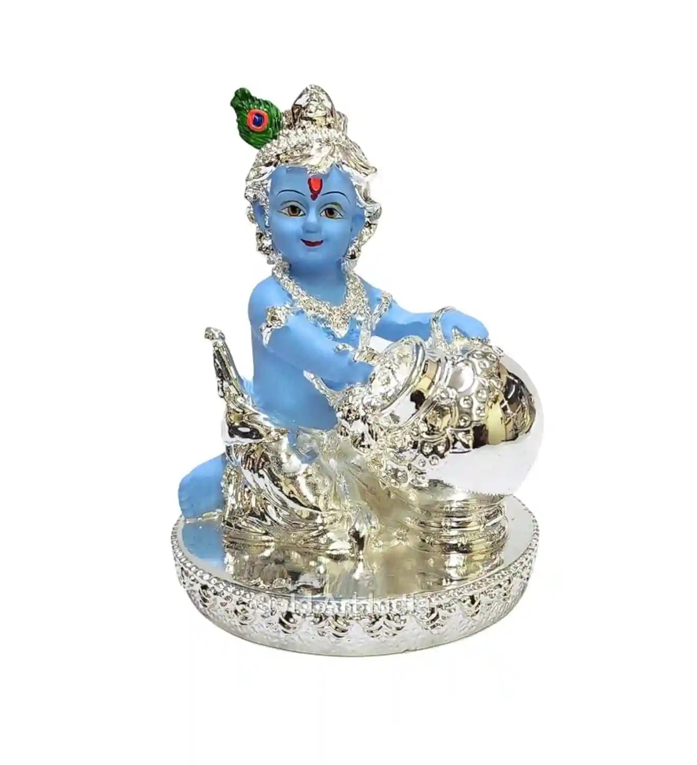 Silver-plated Makhan Krishna idol with blue Terracotta, sitting with a butter pot, size 4 x 3 inches