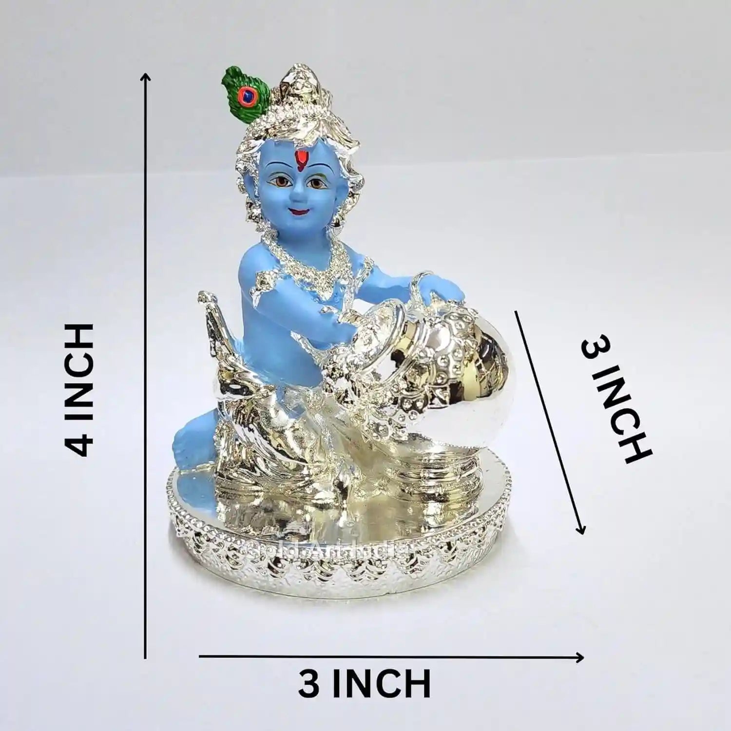 Silver plated blue Makhan Krishna idol with size chart – 4x3 inch dimensions