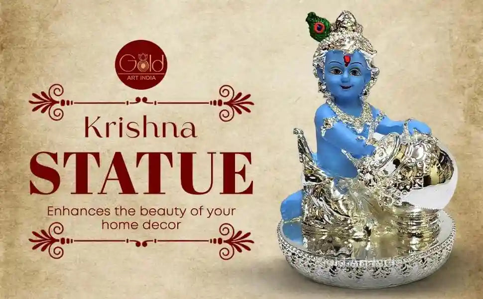 Silver-plated Makhan Krishna idol with blue Terracotta, sitting with a butter pot, size 4 x 3 inches