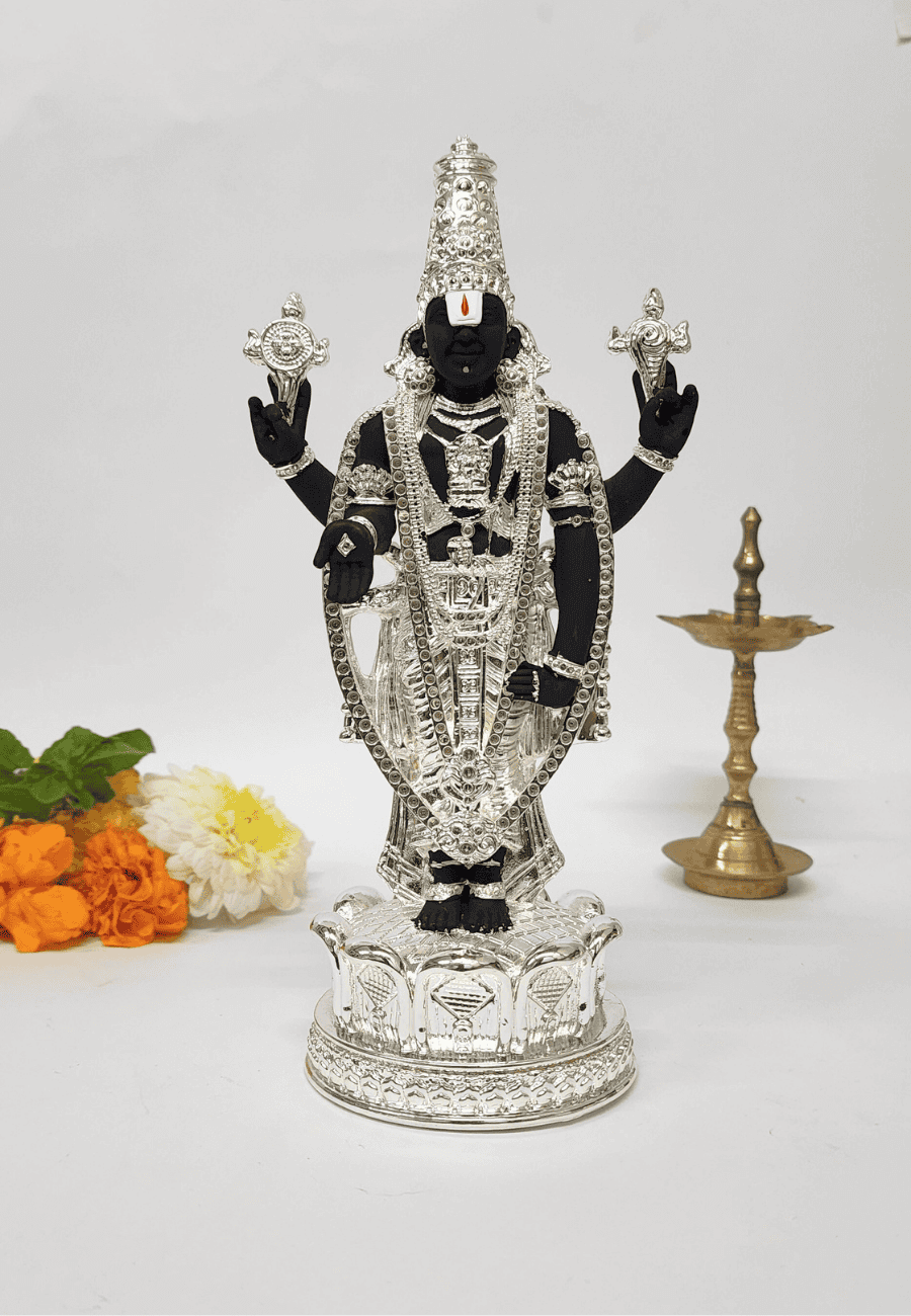 Front View of Lord Venkateswara Idol – Silver Plated with Black Finish