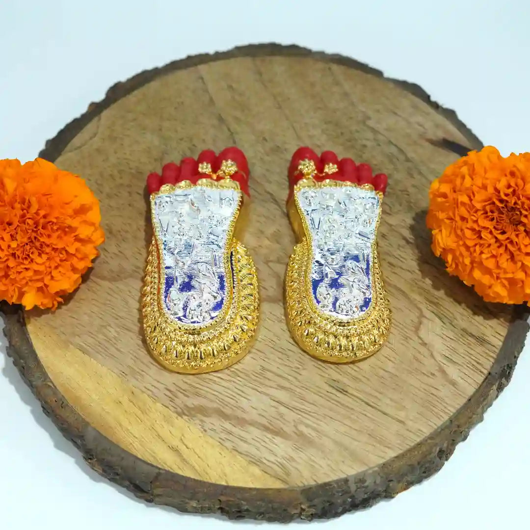 Shri Laxmi Charan Paduka Gold Silver Plated Red | Bhagyam Lakshmi Charan Idol Maa Lakshmi Blessings Feet for Office Home Temple Decor | Ideal for Laxmi Puja Housewarming Gifts (3" Inch)