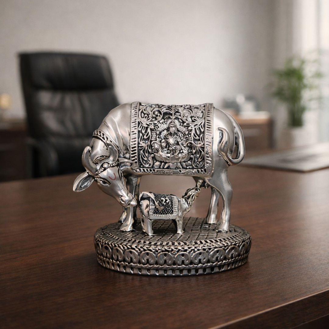 Kamdhenu Cow & Calf Idol – Antique Silver Plated Finish (2.5 × 2.5 Inch)
