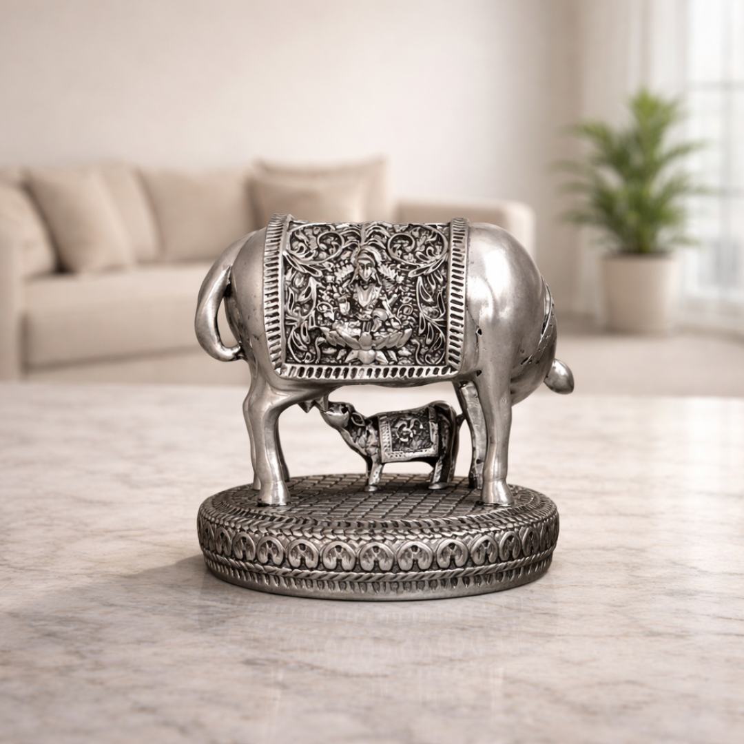Kamdhenu Cow & Calf Idol – Antique Silver Plated Finish (2.5 × 2.5 Inch)