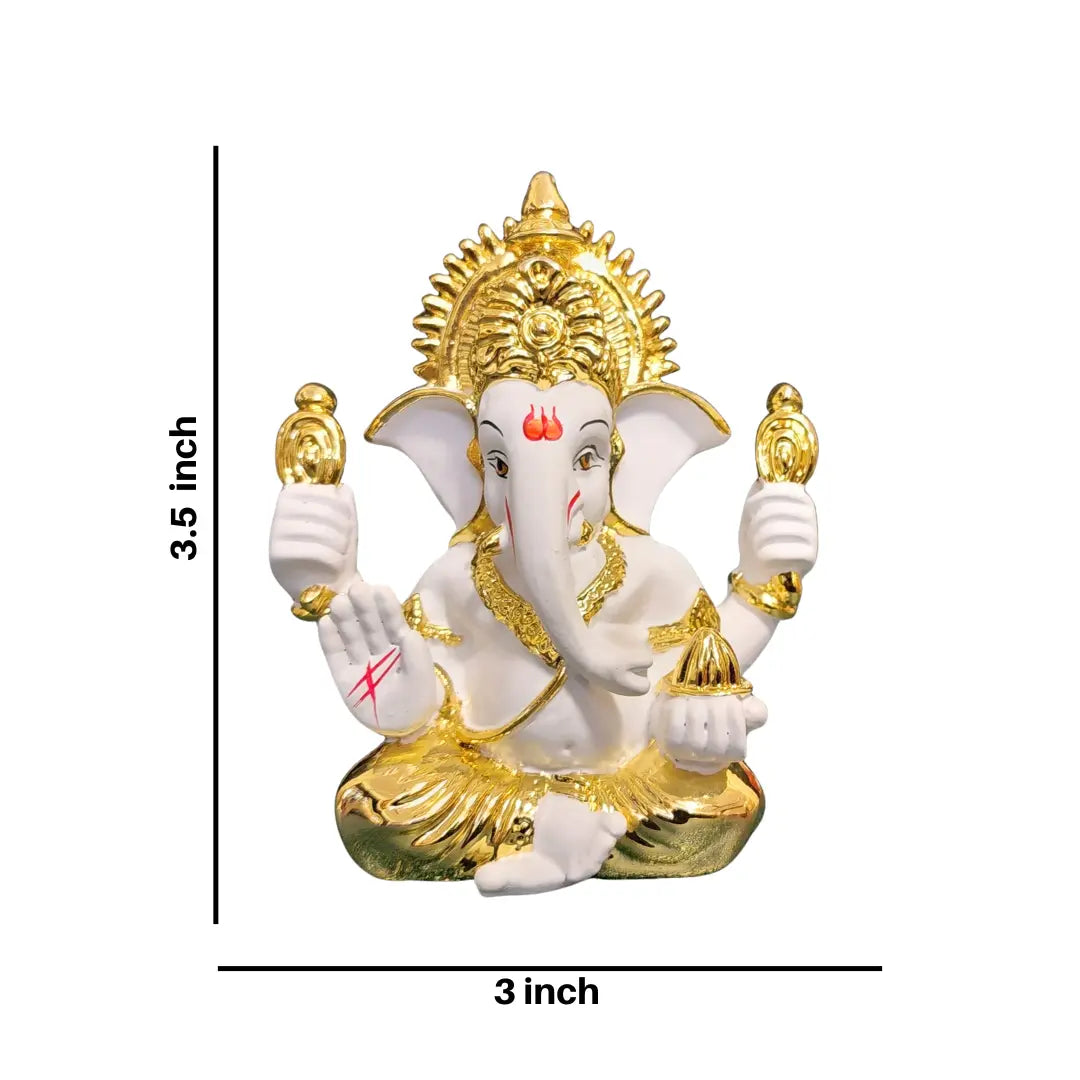 White and Gold Plated Ganesha Idol – 3.5 inch height × 3 inch width with intricate detailing.