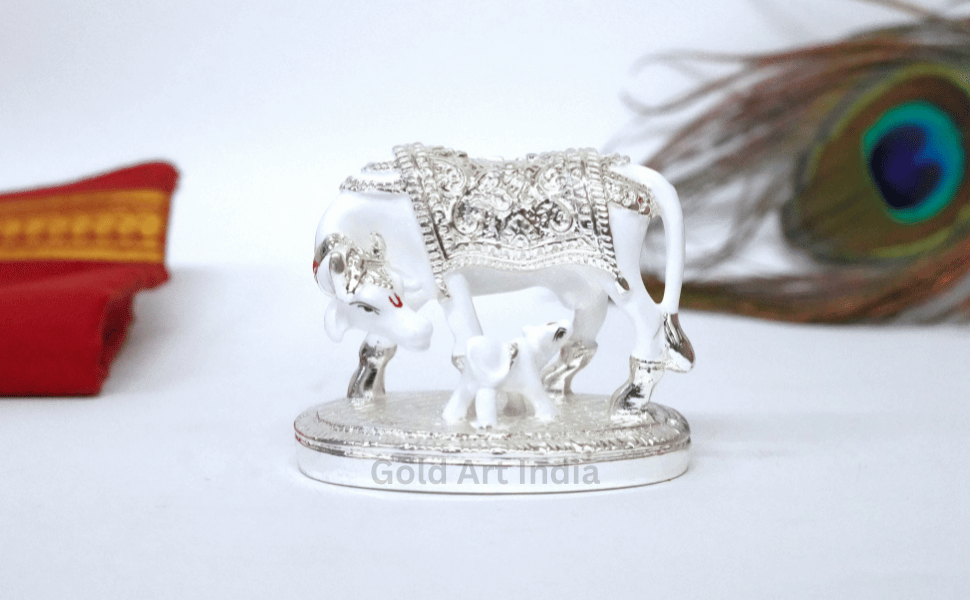 Kamdhenu Cow with Calf Idol – Front View, Silver Plated with White Finish