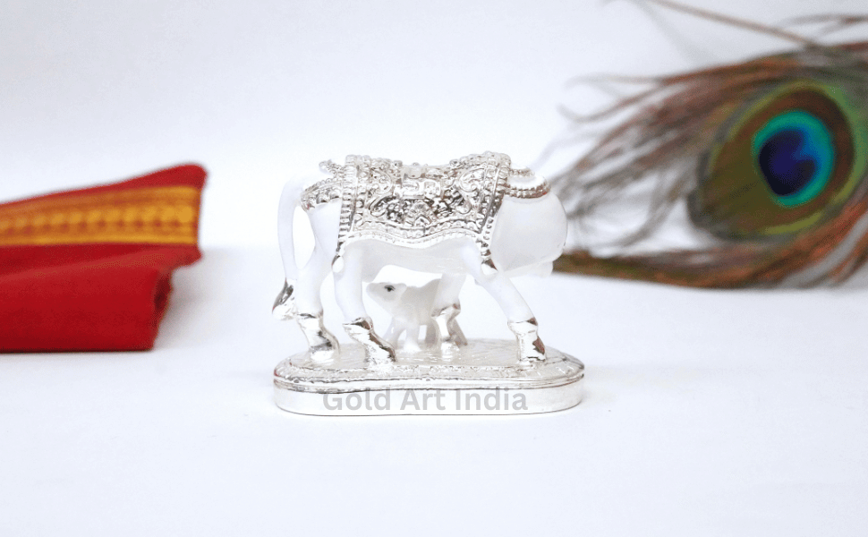 Kamdhenu cow with calf idol – white and silver plated, back view – Gold Art India