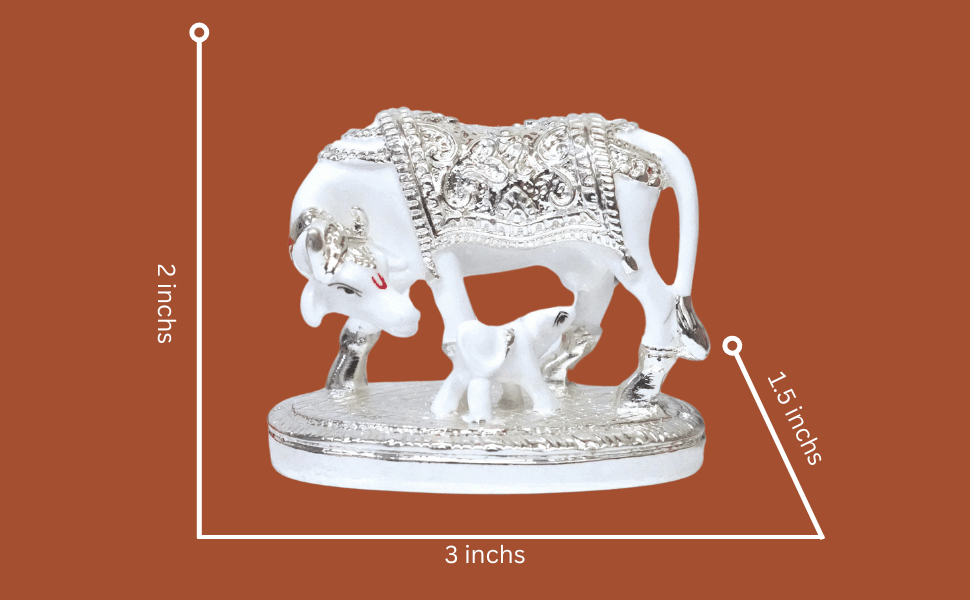 Om Kamdhenu cow with calf – white terracotta figurine with intricate silver plating, symbolizing prosperity and divine blessings." dimension 2x3x1.5 inchs