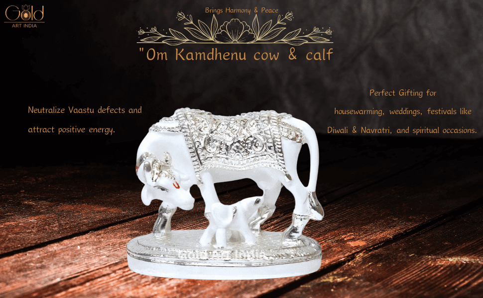 White & Silver Kamdhenu Idol Placed on Red Background – Ideal for Vastu and Puja