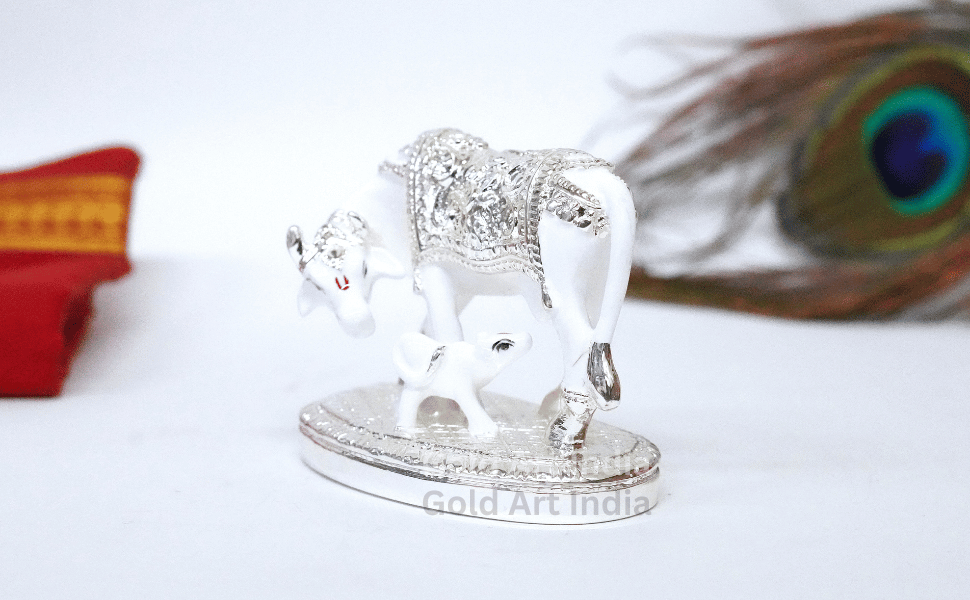 Kamdhenu cow with calf idol – white and silver plated, close-up of silver detailing – Gold Art India
