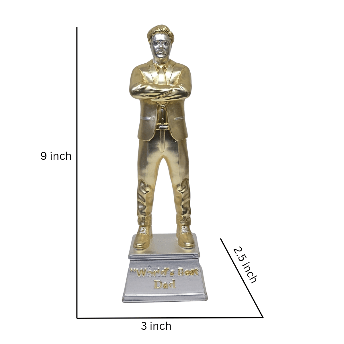 "Gold and silver-plated 'World's Best Dad' figurine, standing 9 inches tall with a 3-inch wide base, featuring a stylish man in a suit with crossed arms, ideal as a Father's Day or birthday gift."