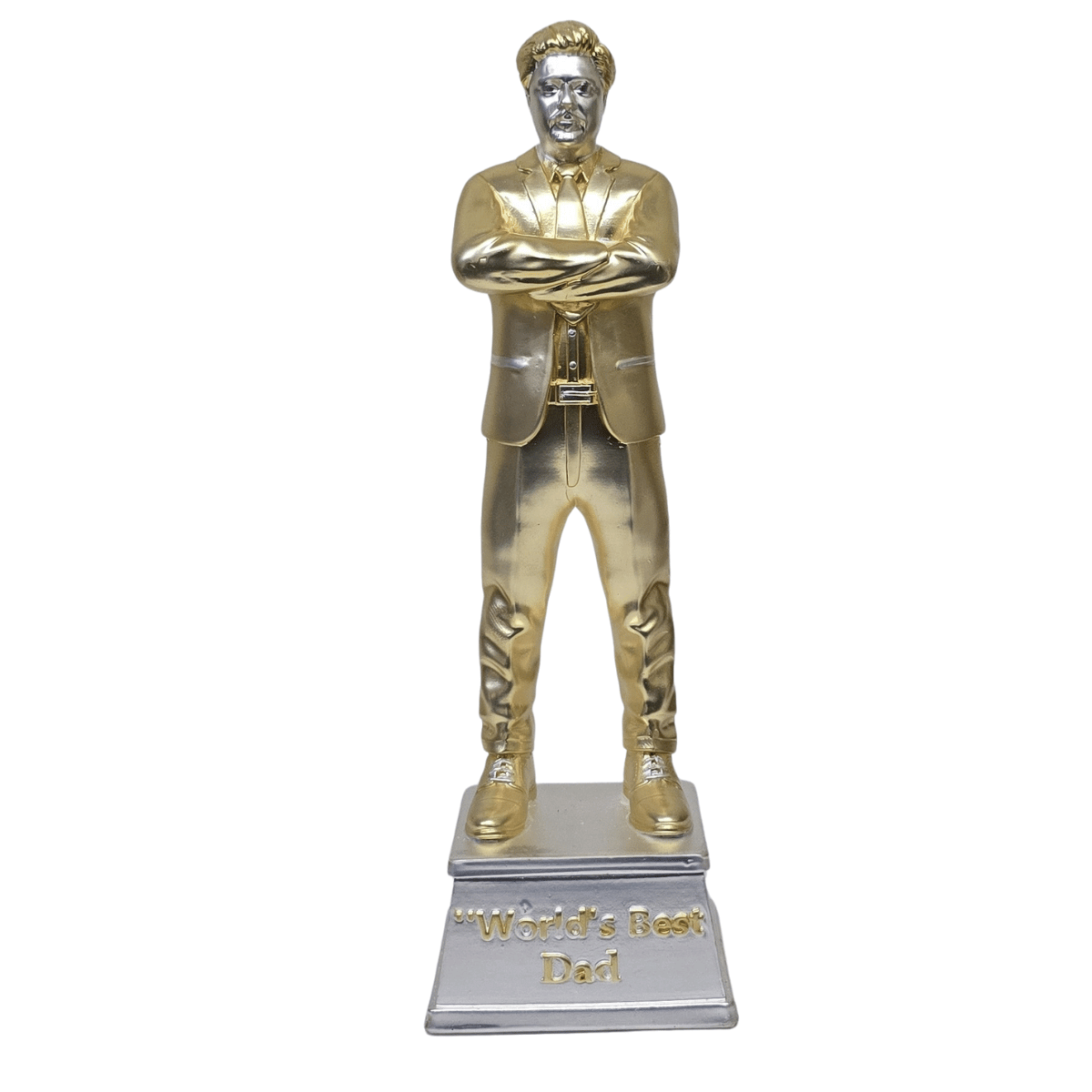 "Gold and silver-plated 'World's Best Dad' figurine, standing 9 inches tall with a 3-inch wide base, featuring a stylish man in a suit with crossed arms, ideal as a Father's Day or birthday gift."
