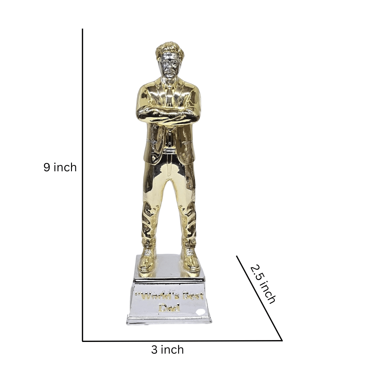 "Gold and silver-plated 'World's Best Dad' figurine, standing 9 inches tall with a 3-inch wide base, featuring a stylish man in a suit with crossed arms, ideal as a Father's Day or birthday gift."