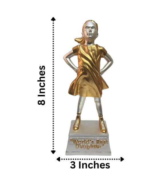 A gold and silver Plated trophy of a confident young girl standing with her hands on her hips. The trophy has a gold dress and shoes, while the rest of the figure is silver. It stands on a silver base with the engraved text "World's Best Daughter." The dimensions of the trophy are marked as 8 inches in height and 3 inches in width.