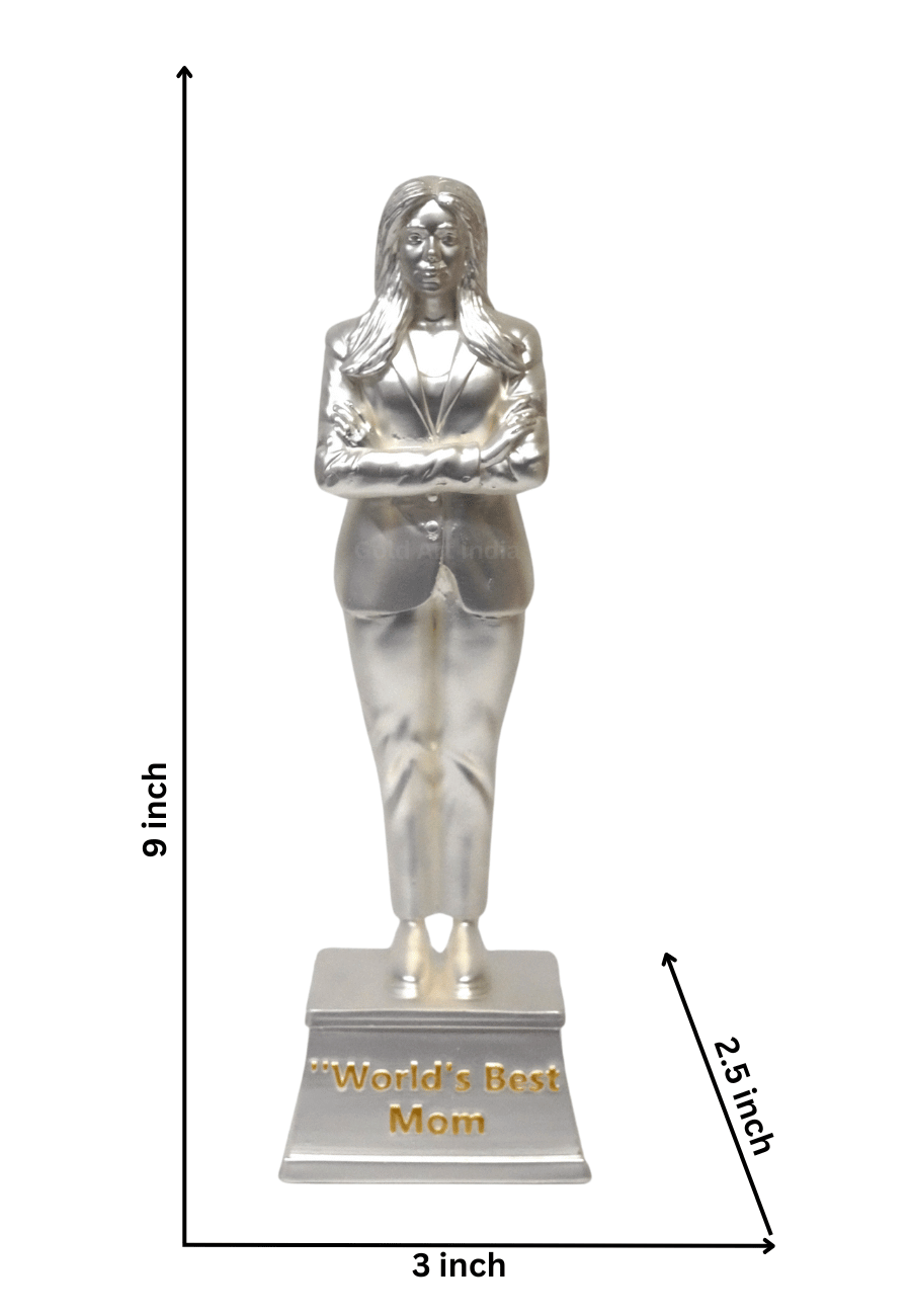 A silver Plated matte finish "World's Best Mom" trophy featuring a woman in a suit with arms crossed. dimension 9x3x2.5 inch