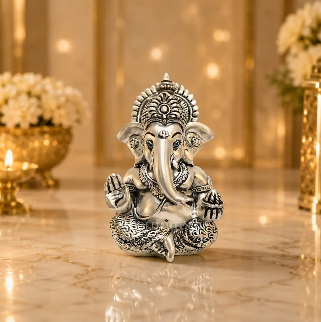 Gold Art India Ganesha Idol – Silver Plated Antique Matte Finish Ganpati Murti with Premium Velvet Gift Box | Home Temple, Office Desk, Car Dashboard & Spiritual Gifting (3.5 Inch)