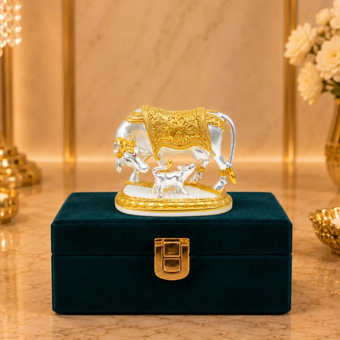 Gold Art India Kamdhenu Cow & Calf Idol | Gold & Silver Plated Matte Finish | Premium Velvet Gift Box