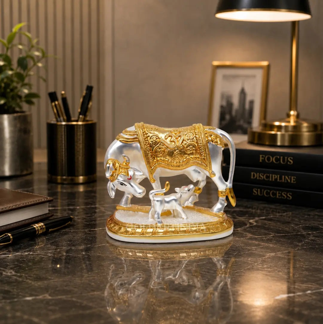 Gold Art India Kamdhenu Cow & Calf Idol | Gold & Silver Plated Matte Finish | Premium Velvet Gift Box