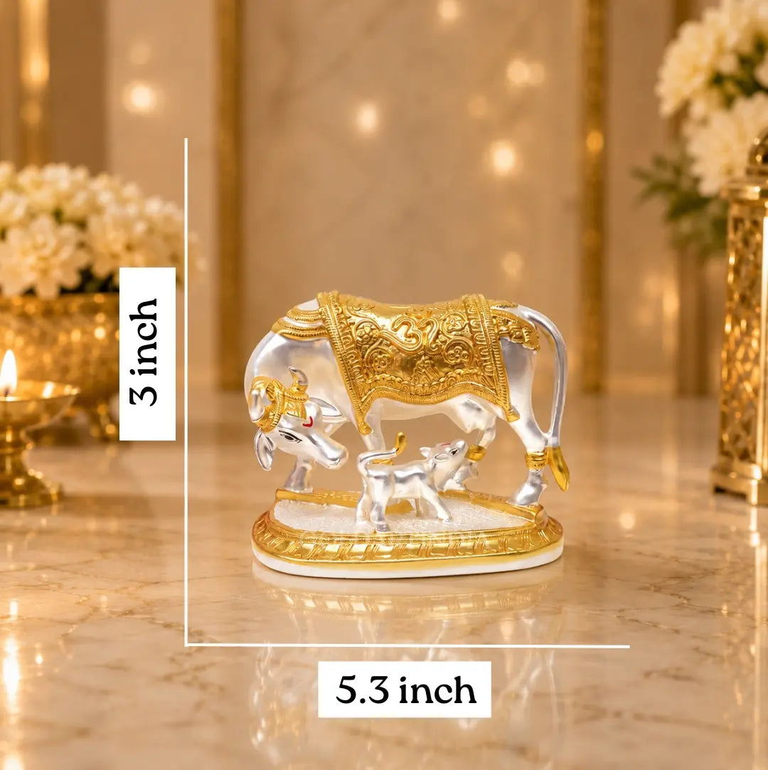 Gold Art India Kamdhenu Cow & Calf Idol | Gold & Silver Plated Matte Finish | Premium Velvet Gift Box