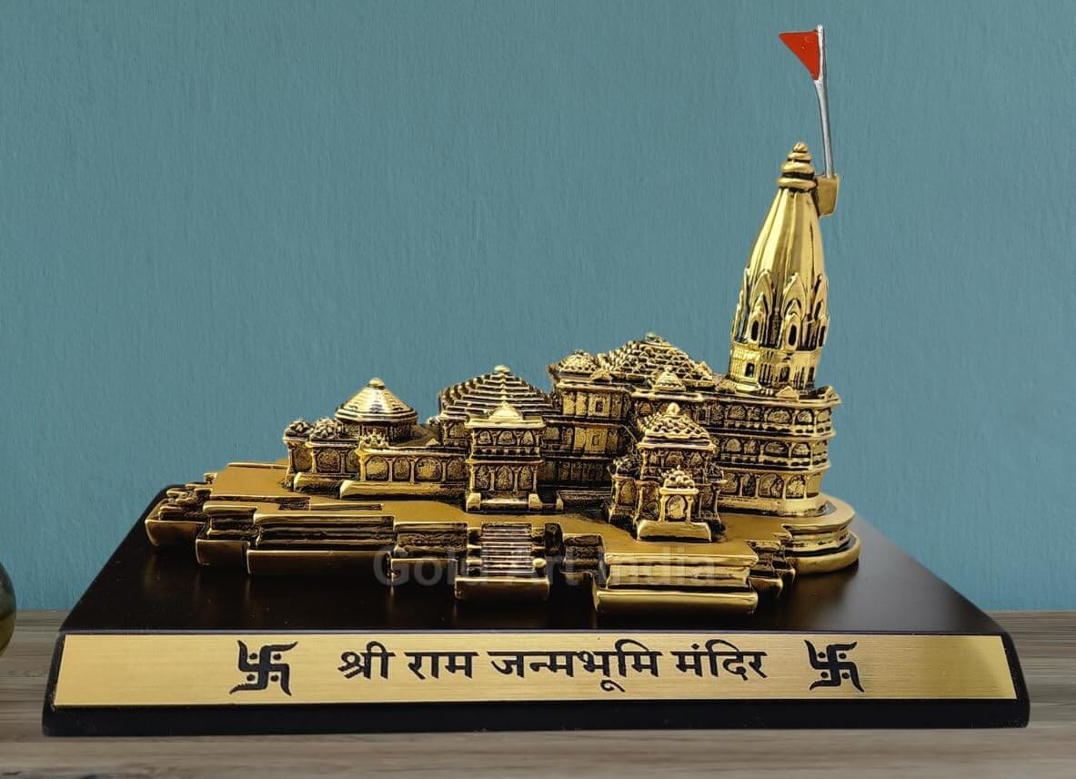 Side view of gold matte Ayodhya Ram Mandir miniature showing temple carving