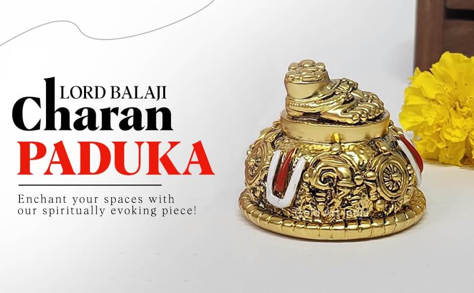 A gold Plated decorative idol featuring Lord Balaji's feet (Paduka) with intricate carvings of religious symbols and ornaments.