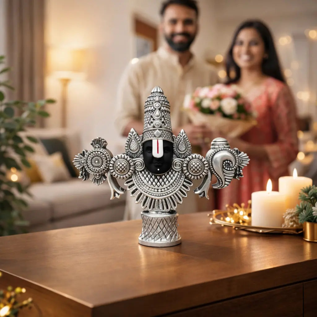 Lord Balaji Bust – Silver-Plated Antique Matte Finish – 4.5 Inch for Home Temple & Festive Gifting - Gold Art India