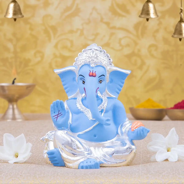Blue Silver-Plated Ganesha Idol – 3.1 Inch Murti for Car Dashboard, Home Décor & Gifting | Gold Art India