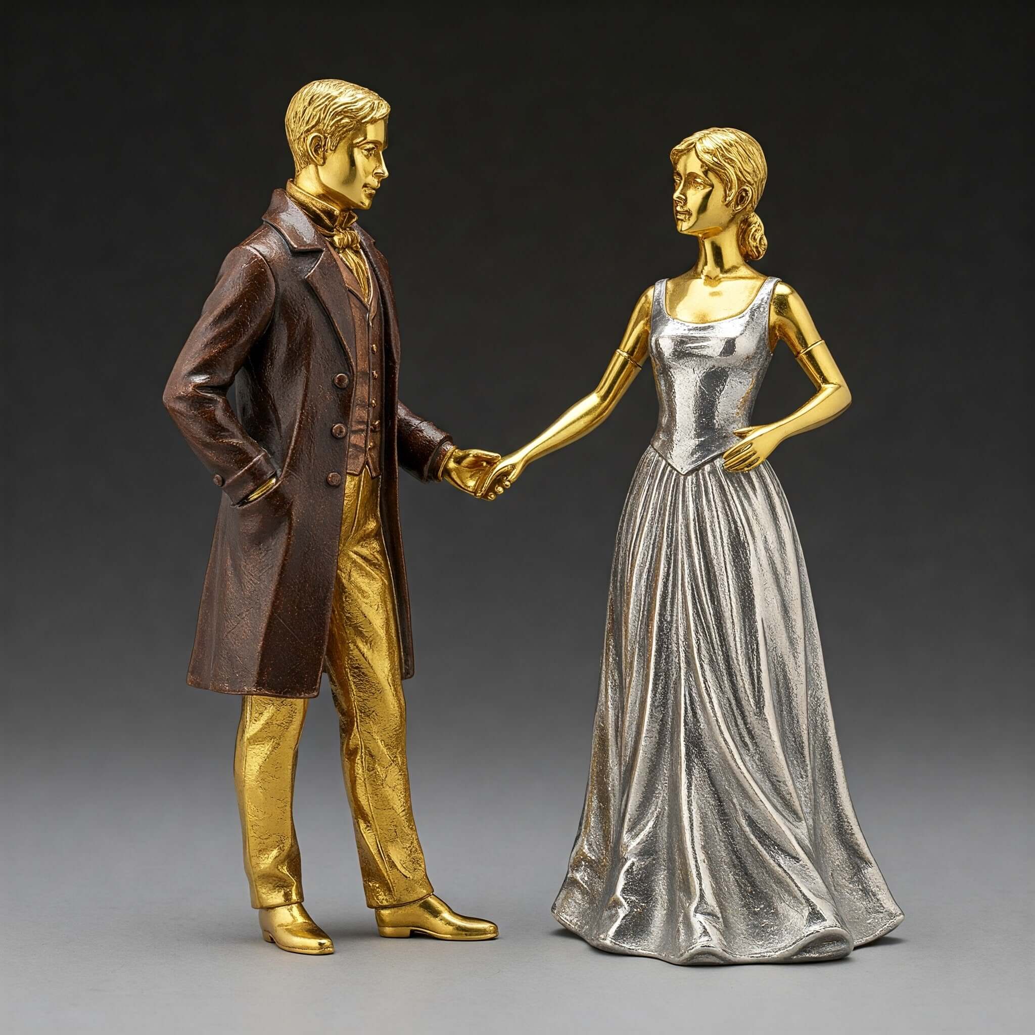 Elegant gold and silver-plated couple figurine featuring a man in a brown overcoat and gold trousers, holding hands with a woman in a flowing silver gown. A stunning handcrafted decor piece symbolizing love and timeless romance.