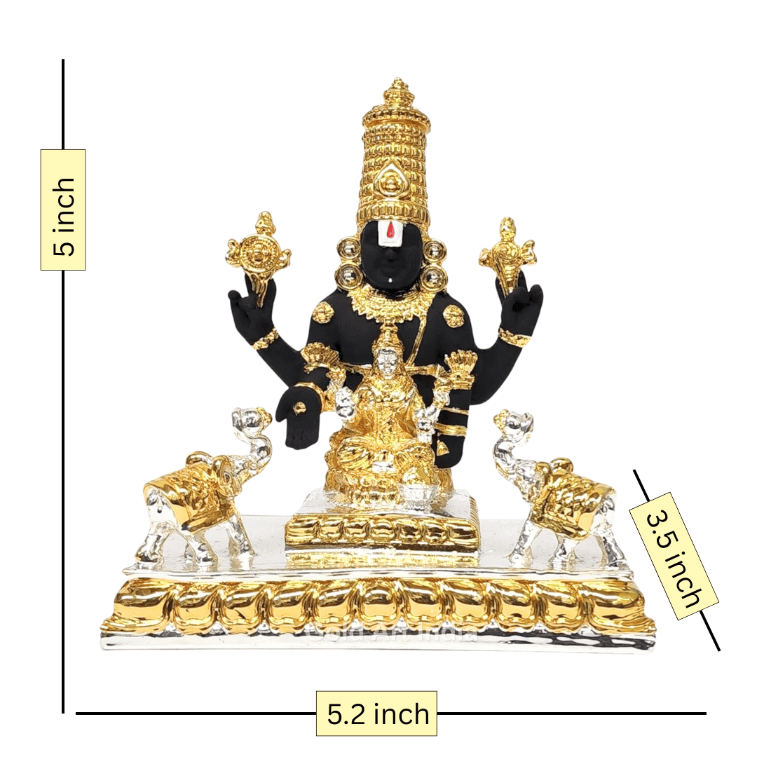 Divine Lord Venkateswara idol with Goddess Lakshmi in black, gold, and silver finish, featuring elegant elephants.