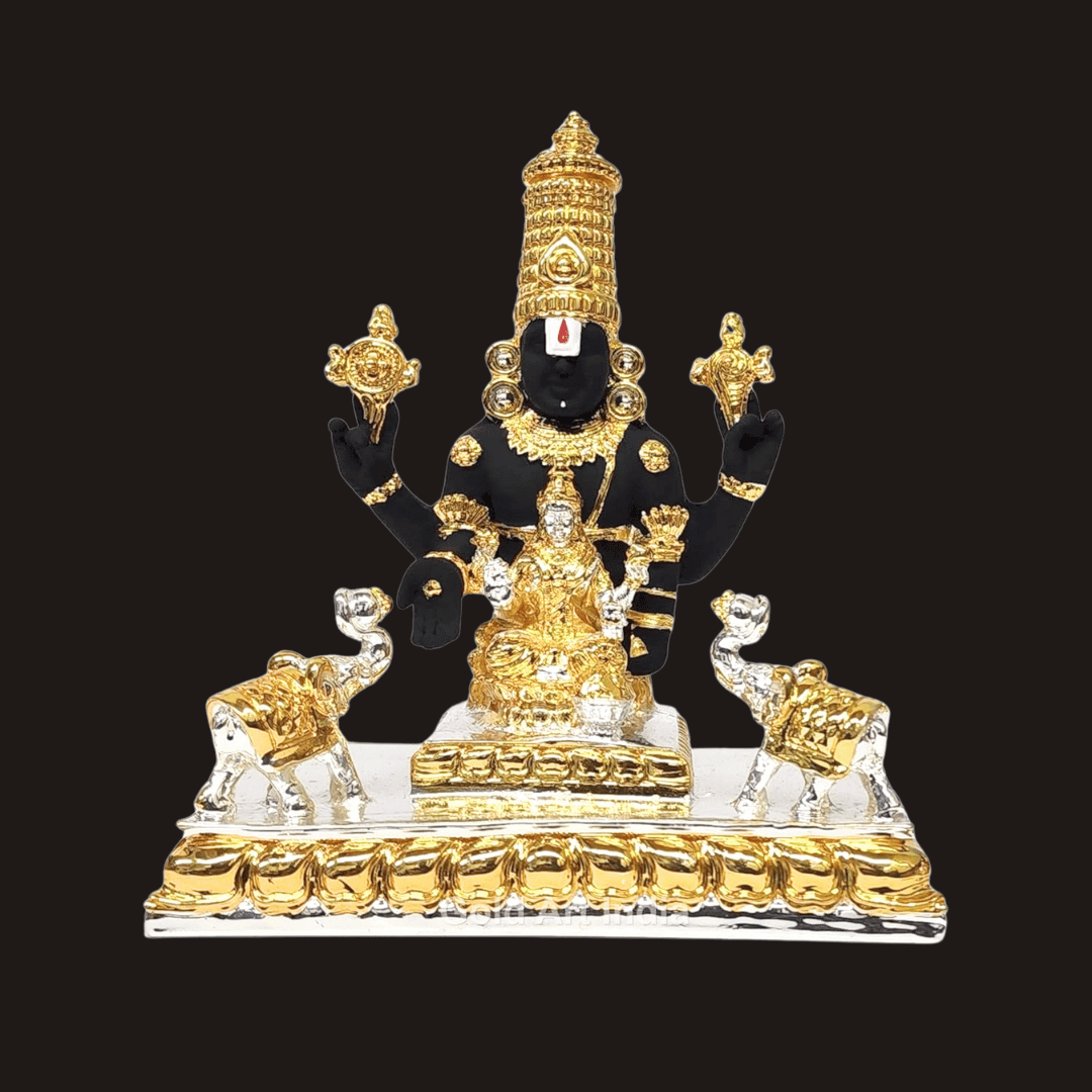 Divine black, gold, and silver finish idol of Lord Venkateswara with Goddess Lakshmi and two elephants at the base.