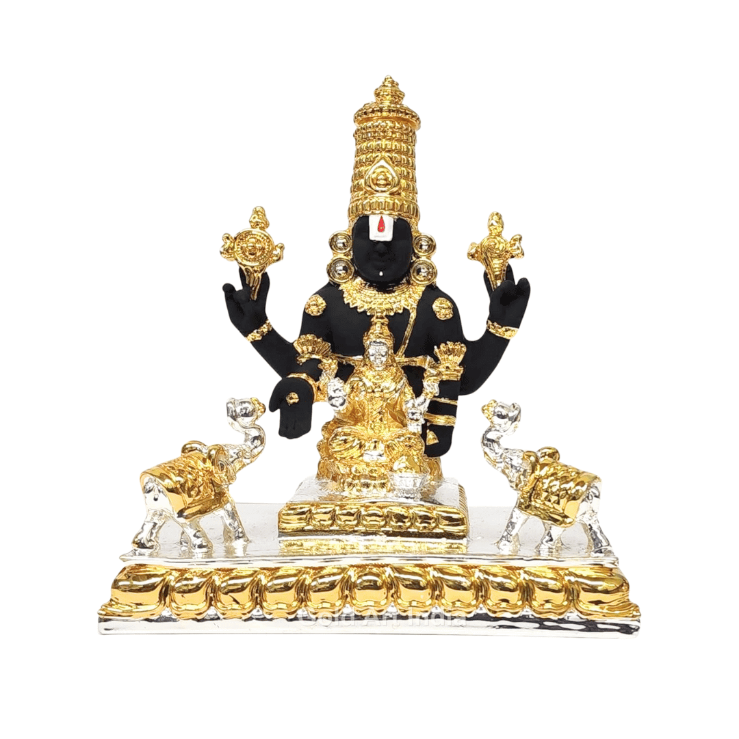 Divine Lord Venkateswara idol with Goddess Lakshmi, black, gold & silver finish, featuring two elephants on the base.