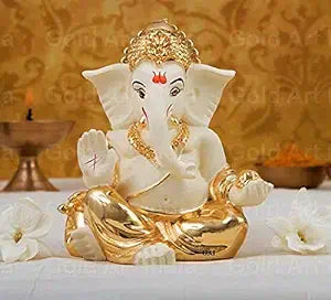 Gold-Plated Gaddi Ganesha Idol – Off-White Finish by Gold Art India