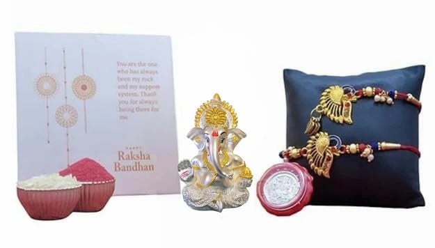 Ganesha idol Raksha Bandhan gift set with Rakhi and Lumba โ Gold Art India