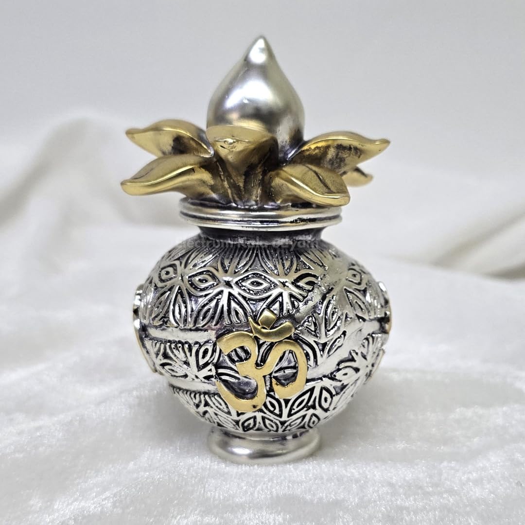 Antique matte silver plated kalash with gold Om and leaves, feature highlights