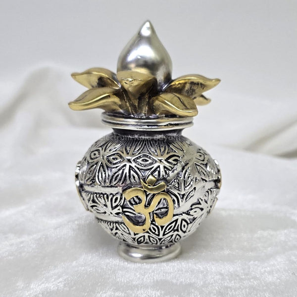 Antique Matte Silver Plated Puja Kalash with Gold Om & Leaves (4.3 inch) – Gold Art India