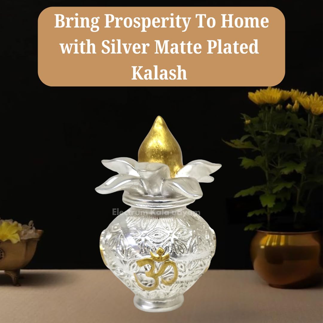 Close-up of embossed silver kalash with gold Om on flower background