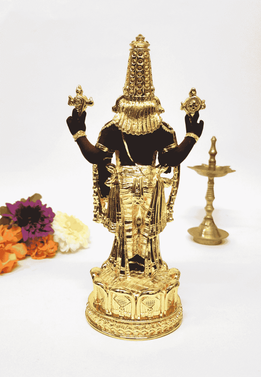 Gold plated Lord Balaji idol with intricate details, ideal for home decor and gifting. Perfect for car dashboards.