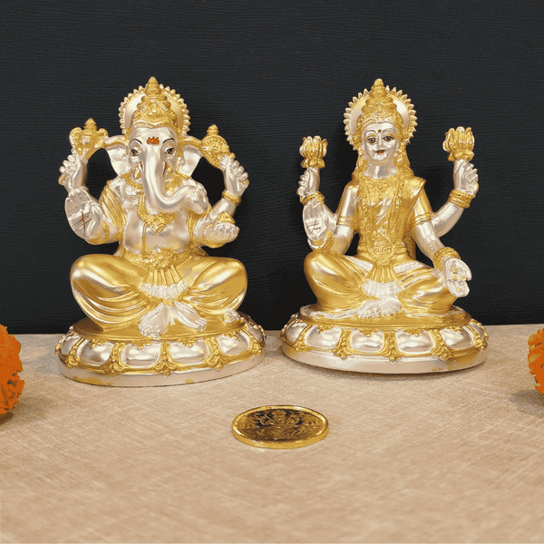 LAXMI GANESHA : Gold Plated Matte Finish Mata Laxmi & Lord Ganesha | Diwali Puja | Gifting | Home Decor 5" inch