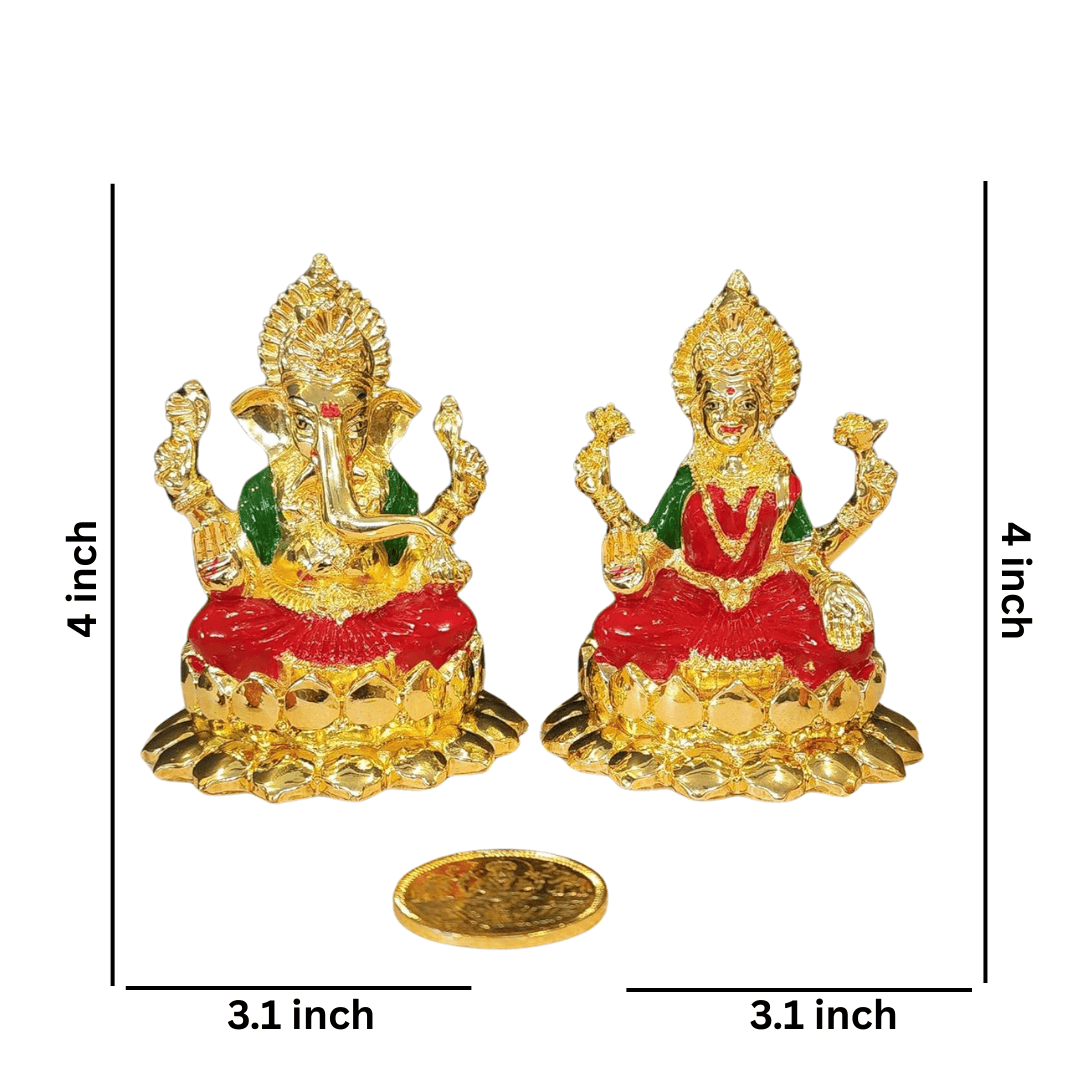 Gold plated Laxmi-Ganesha idol set, 4 inches tall, detailed craftsmanship and bright enamel colors for home decor.